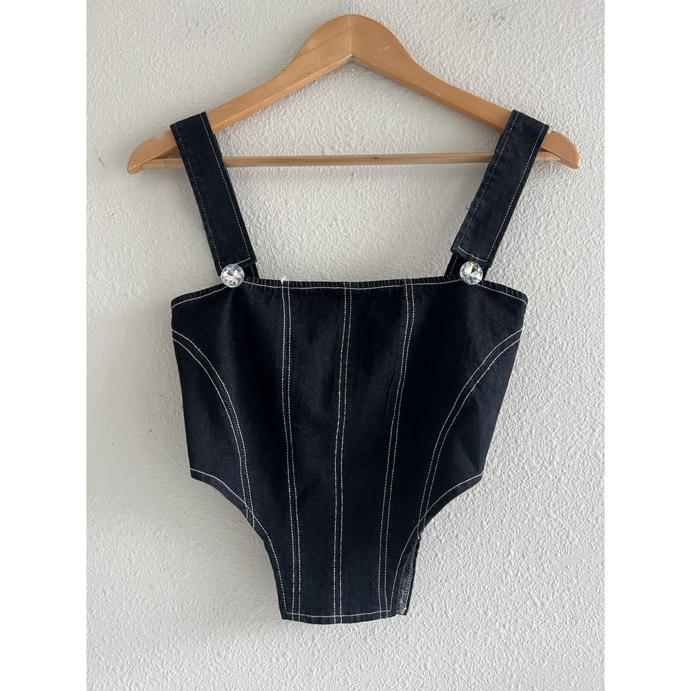 MISS8 Los Angeles Corset Top Black Denim Zip Up Convertible Y2K Style Coquette